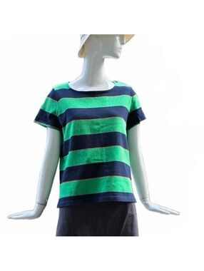 A.P.C. Paris Striped Square Neck 100% Cotton Top -Green/Navy  Lg